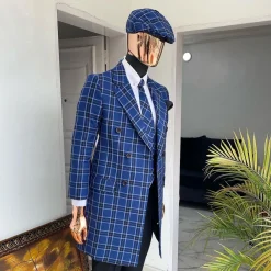 A Navy Blue “Peaky Blinder” Double Breasted Check Trench Suit