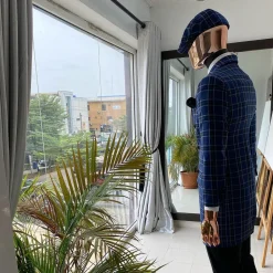 A Navy Blue “Peaky Blinder” Double Breasted Check Trench Suit