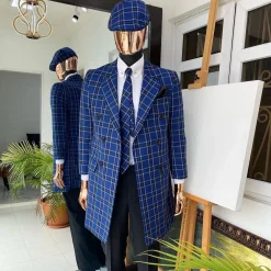 A Navy Blue “Peaky Blinder” Double Breasted Check Trench Suit