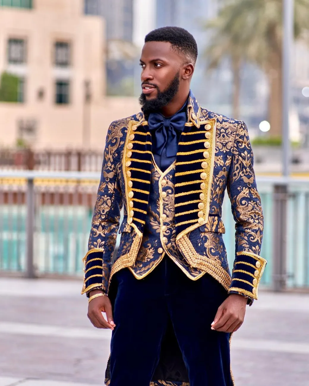 A “Abingdon” royalty tail gold and blue floral metallic Jacquard tuxedo suit