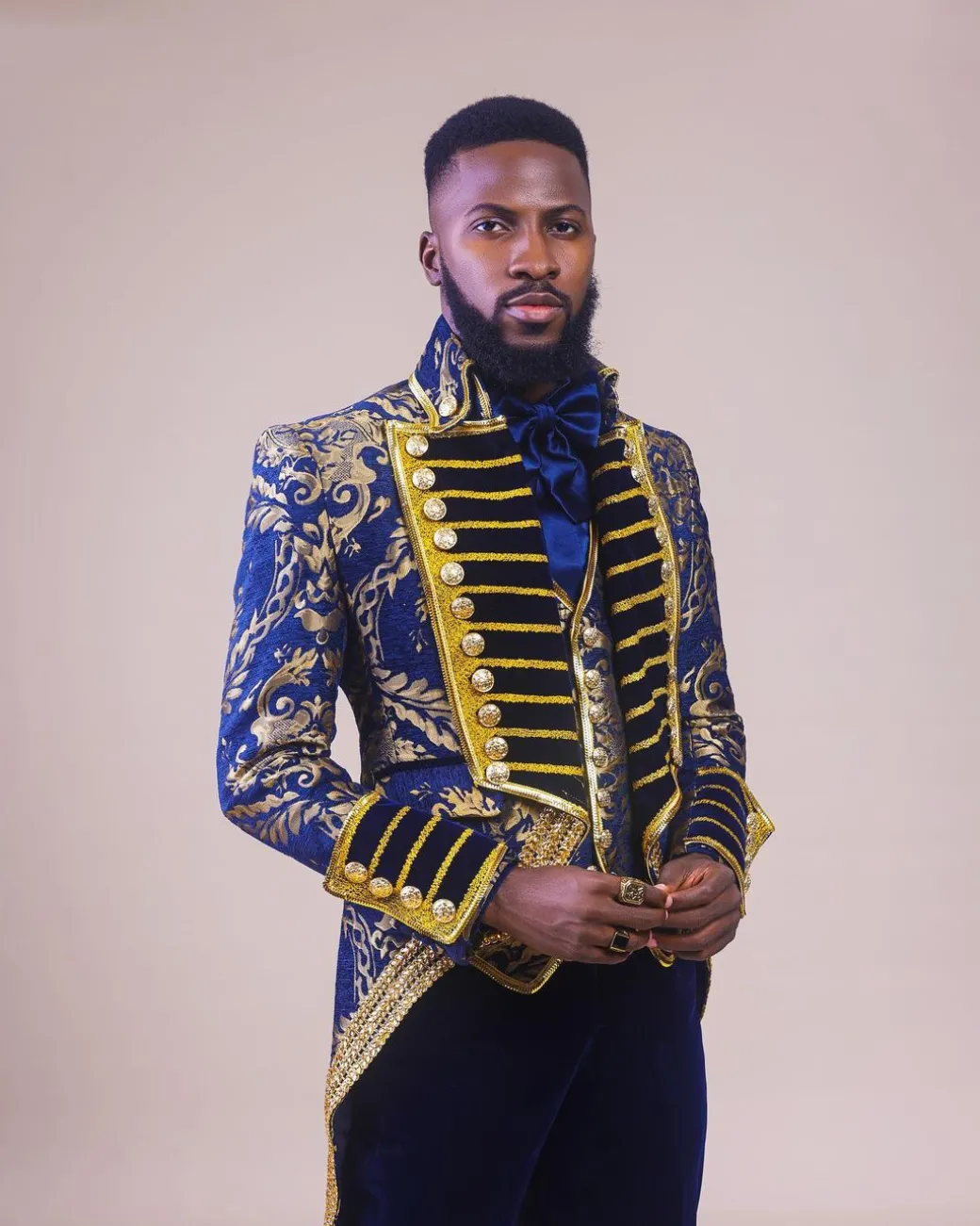 A “Abingdon” royalty tail gold and blue floral metallic Jacquard tuxedo suit