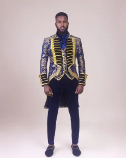 A “Abingdon” royalty tail gold and blue floral metallic Jacquard tuxedo suit