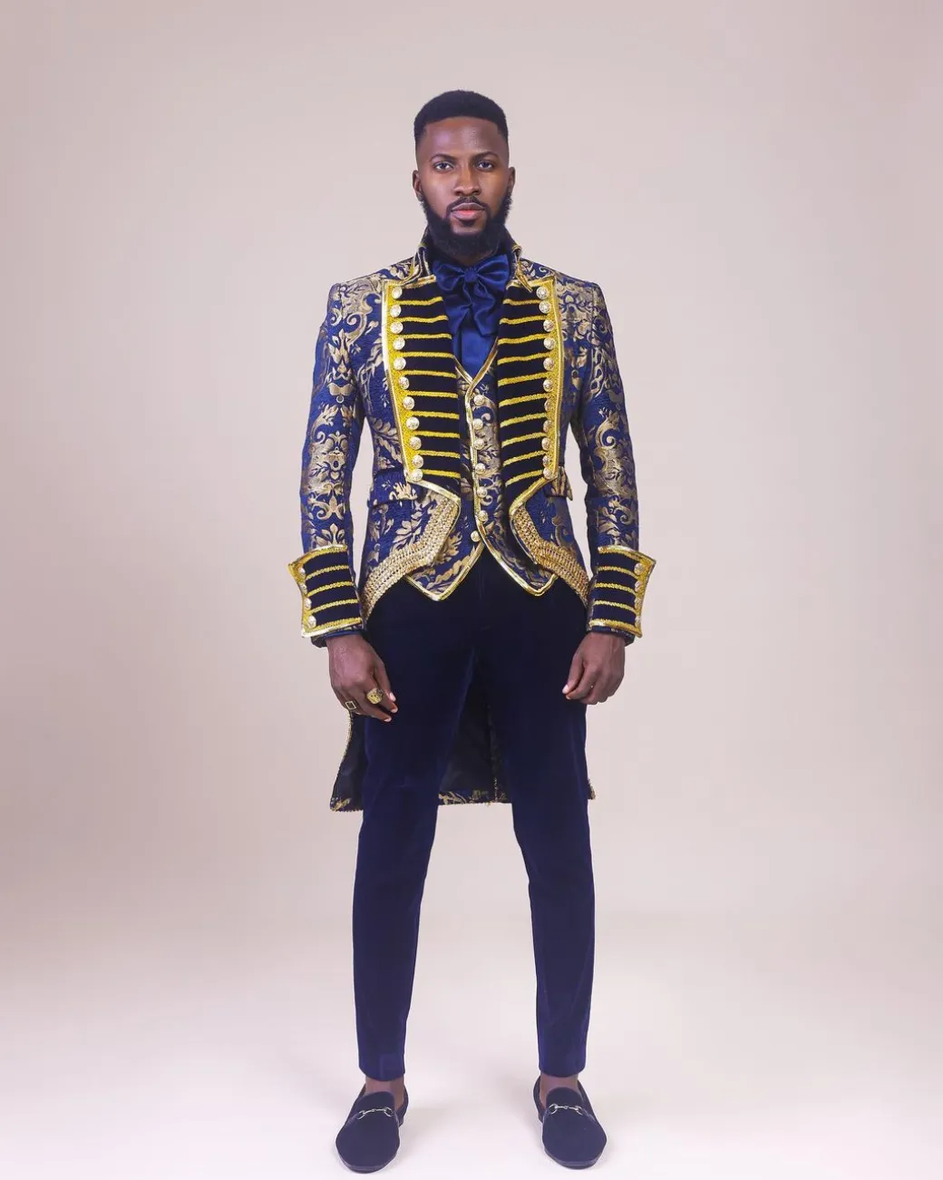 A “Abingdon” royalty tail gold and blue floral metallic Jacquard tuxedo suit