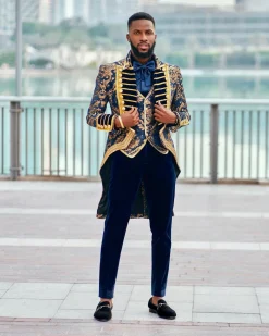 A “Abingdon” royalty tail gold and blue floral metallic Jacquard tuxedo suit