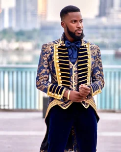 A “Abingdon” royalty tail gold and blue floral metallic Jacquard tuxedo suit
