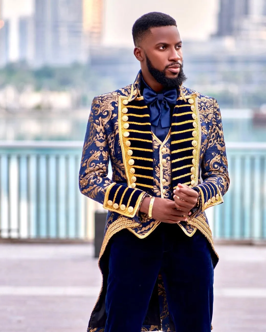 A “Abingdon” royalty tail gold and blue floral metallic Jacquard tuxedo suit