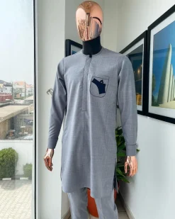 A Baba blue, gun-detailed patch pocket African traditional senator kaftan native.