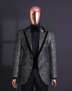 A Black and rust silver pattern jacquard, peak lapel tuxedo suit.