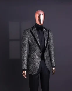 A Black and rust silver pattern jacquard, peak lapel tuxedo suit.