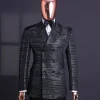 A Black and silver broom metallic scratch pattern jacquard, peak lapel tuxedo, tapered shoulder, double breasted suit