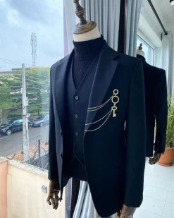 A Black Extra-fine jorgecarli Merino Sheep wool super 140’s Fabric, 3 piece notch lapel suit