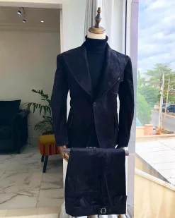 A Black Monochrome Velvet “Kashimawo – June 12” Memorial Peak Lapel Suit