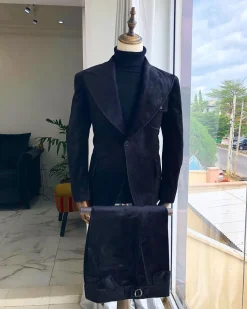 A Black Monochrome Velvet “Kashimawo – June 12” Memorial Peak Lapel Suit
