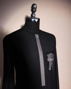 A Black pencil stripe, front flap, buckle and wings pocket, long sleeve African senator kaftan native.
