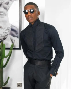 A Black, Wing Collar, Pleated Evening Tuxedo Shirt.