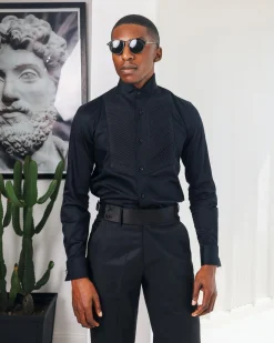A Black, Wing Collar, Pleated Evening Tuxedo Shirt.