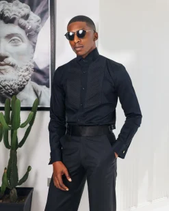 A Black, Wing Collar, Pleated Evening Tuxedo Shirt.