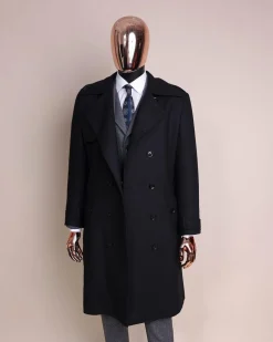 A black wool trench jacket, Cloud Grey, knitted, peak lapel jorgecarli vogue suit