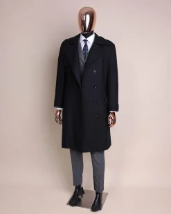 A black wool trench jacket, Cloud Grey, knitted, peak lapel jorgecarli vogue suit