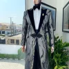 A “blade” trench metallic silver and black mix jacquard tuxedo peak lapel suit