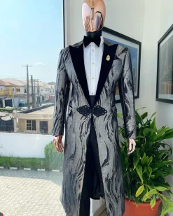 A “blade” trench metallic silver and black mix jacquard tuxedo peak lapel suit