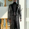 A “blade” trench metallic silver and black mix jacquard tuxedo peak lapel suit