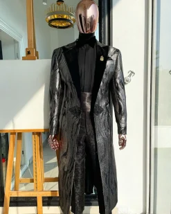 A “blade” trench metallic silver and black mix jacquard tuxedo peak lapel suit