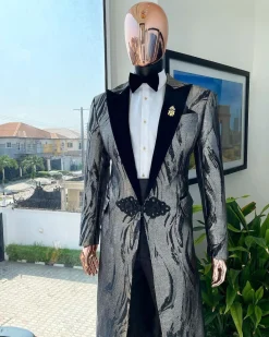 A “blade” trench metallic silver and black mix jacquard tuxedo peak lapel suit