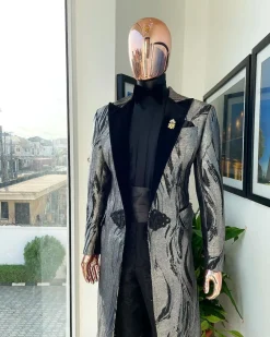 A “blade” trench metallic silver and black mix jacquard tuxedo peak lapel suit