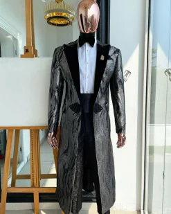 A “blade” trench metallic silver and black mix jacquard tuxedo peak lapel suit
