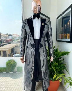 A “blade” trench metallic silver and black mix jacquard tuxedo peak lapel suit