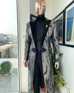 A “blade” trench metallic silver and black mix jacquard tuxedo peak lapel suit