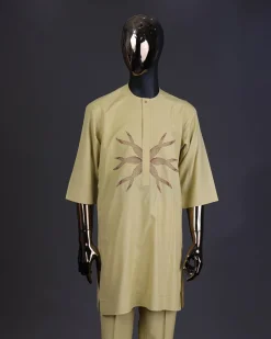 A Blonde-yellow, mermaid tail embroidery detailing kaftan and Sokoto