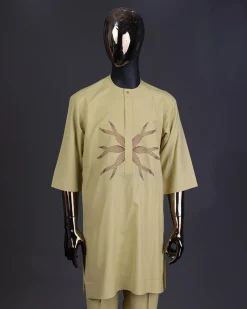 A Blonde-yellow, mermaid tail embroidery detailing kaftan and Sokoto