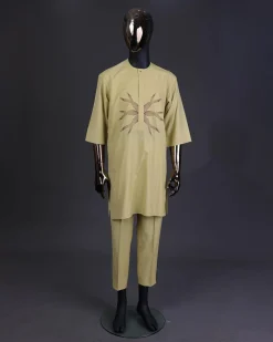 A Blonde-yellow, mermaid tail embroidery detailing kaftan and Sokoto
