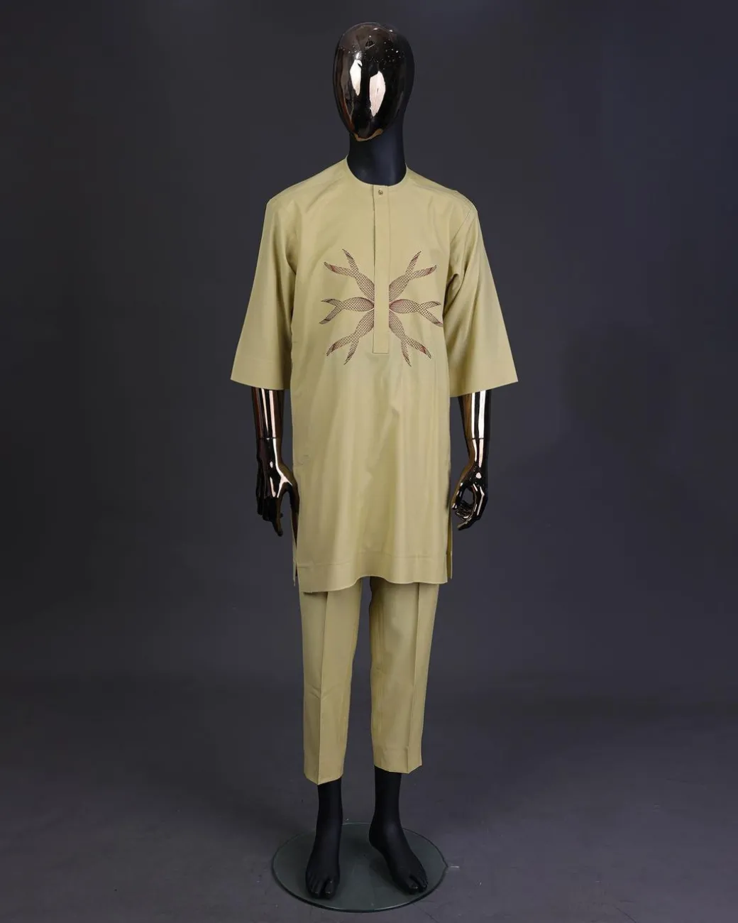 A Blonde-yellow, mermaid tail embroidery detailing kaftan and Sokoto