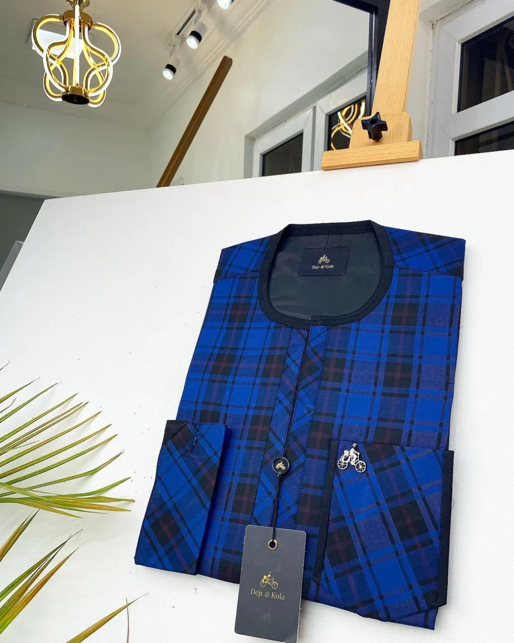 A Blue And Black Check Front Flap African Kaftan