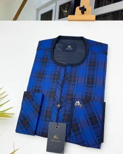 A Blue And Black Check Front Flap African Kaftan