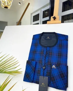 A Blue And Black Check Front Flap African Kaftan