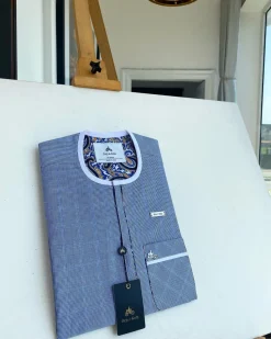 A blue and white windowpane check, front flap details African traditional senator kaftan native.