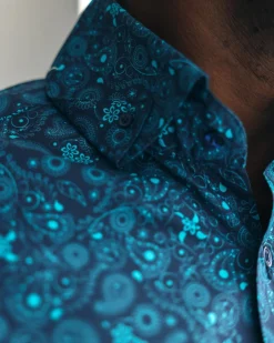 A Blue, print, high neck with turn-up collar casual shirt.