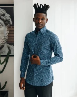 A Blue, print, high neck with turn-up collar casual shirt.