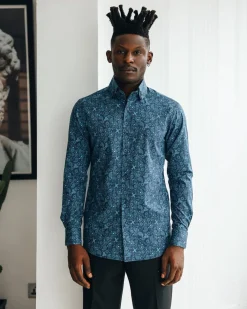 A Blue, print, high neck with turn-up collar casual shirt.