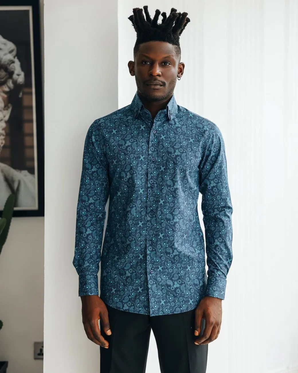 A Blue, print, high neck with turn-up collar casual shirt.