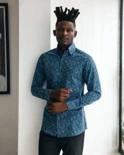 A Blue, print, high neck with turn-up collar casual shirt.