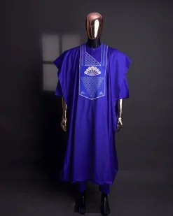 A Blue, scattered pointed zeros with keke Elemu embroidery details agbada