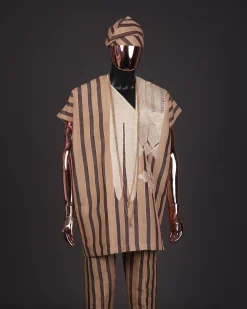 A Bold stripe dark and light brown dashiki, Sokoto, and hand-knitted Fila Yoruba, African native.