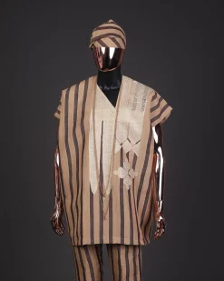 A Bold stripe dark and light brown dashiki, Sokoto, and hand-knitted Fila Yoruba, African native.