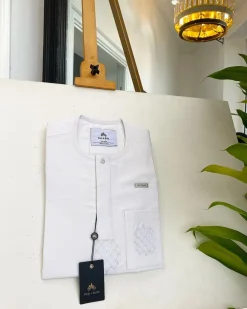 A Bold stripe white, embroidery detailing & 10mm clear view Swarovski button African traditional senator kaftan native.