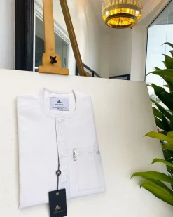 A bold stripe white, patch pocket front flap with embroidery details African traditional senator kaftan native